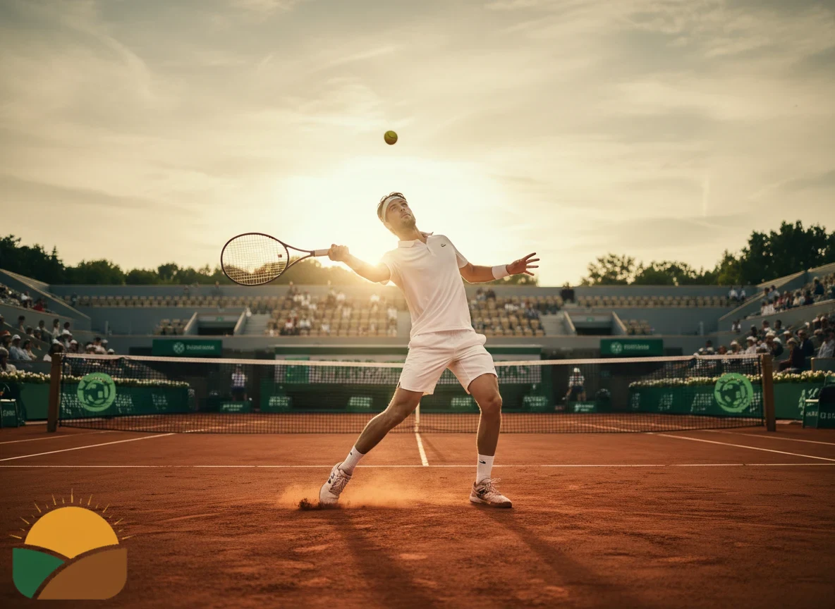 Tennisspieler auf einem Sandplatz vor einem Aufschlag